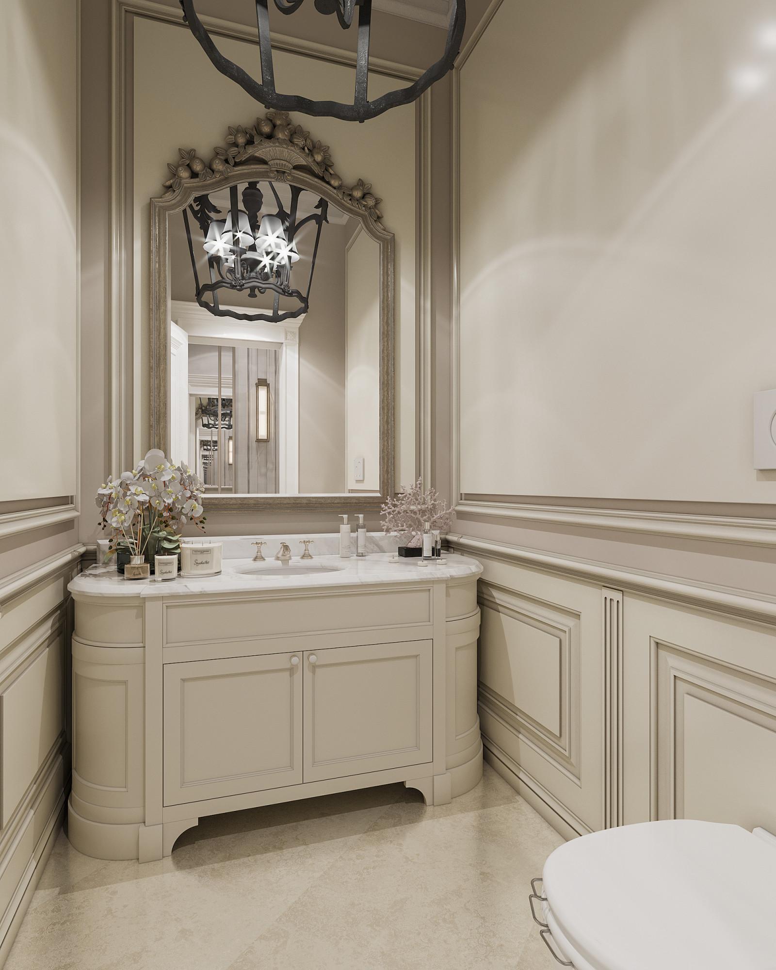Bathroom at the swimming pool made in the style of Neoclassicism