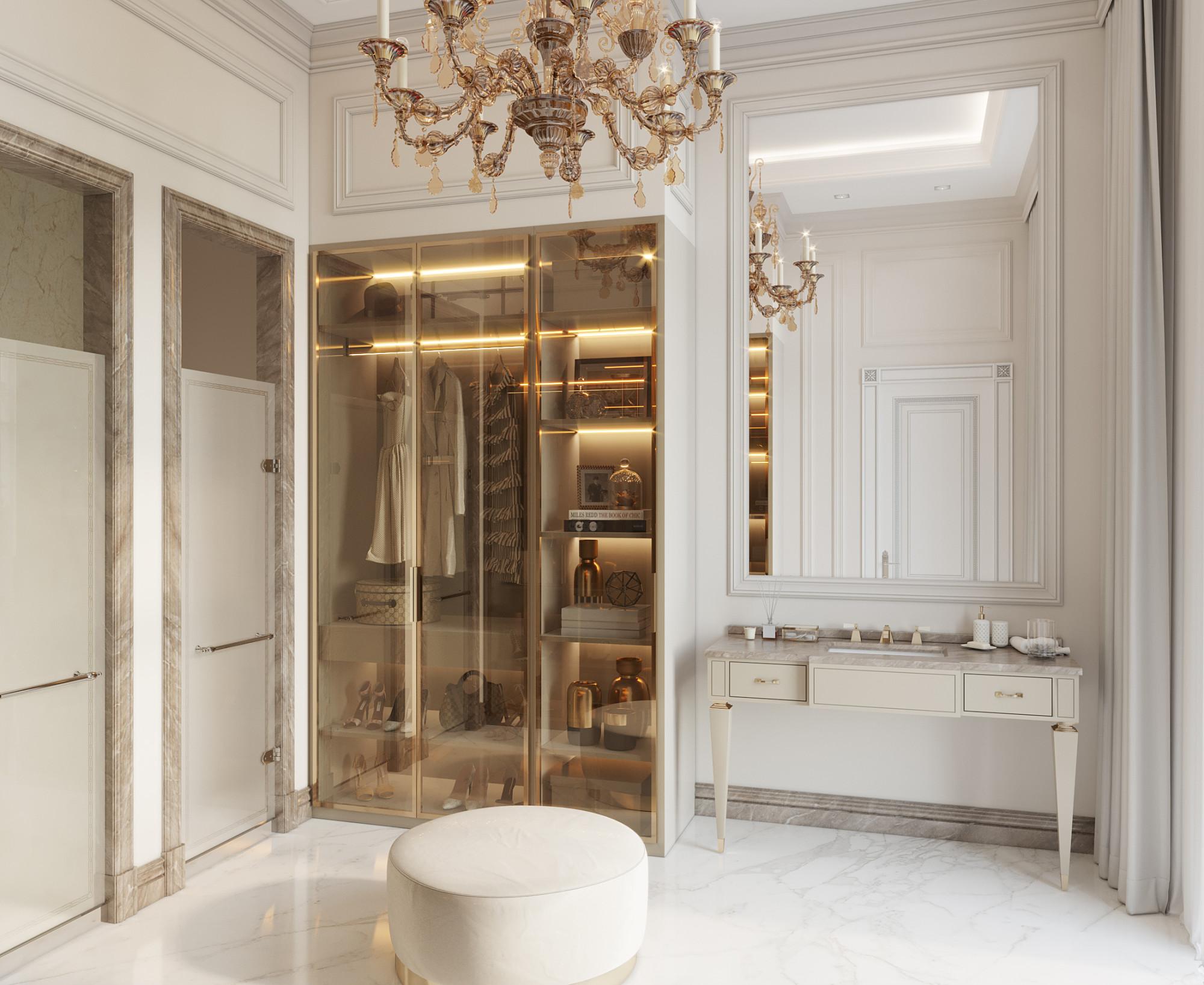 Dressing room and bathroom in the guest bedroom made in the style of Neoclassicism