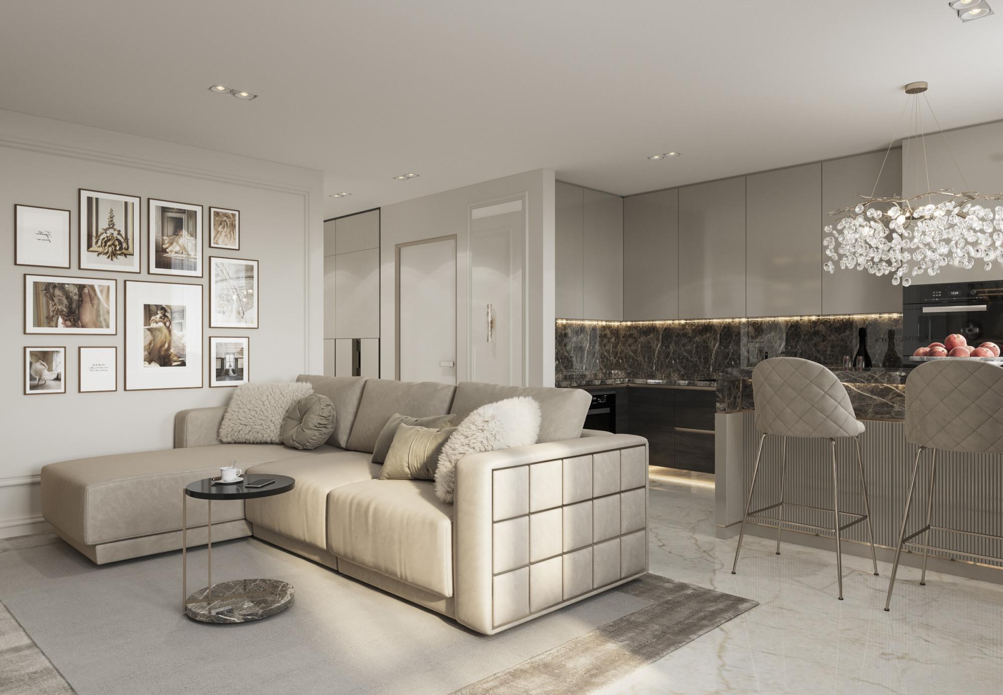 Kitchen and living room made in the style of Contemporary Neoclassicism