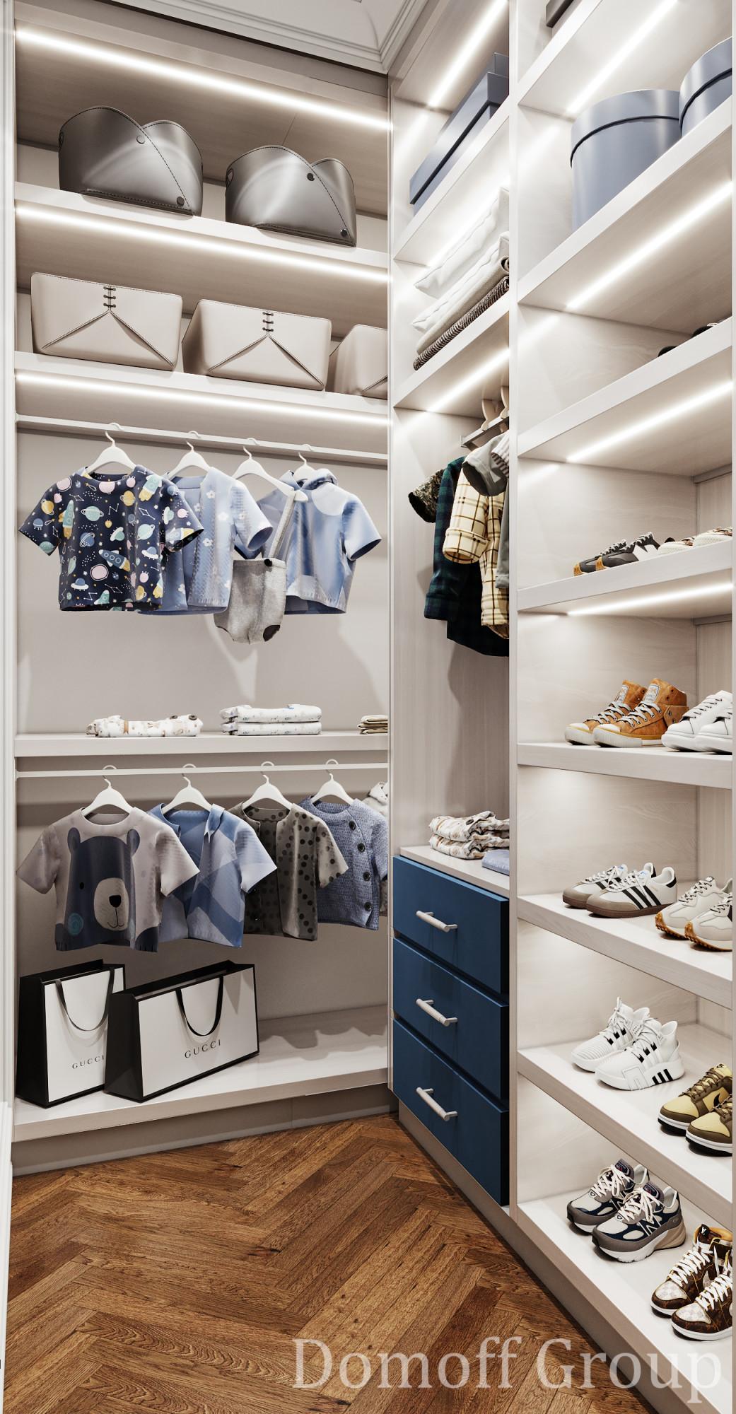 Dressing room in the boy's nursery room made in the style of Contemporary classics
