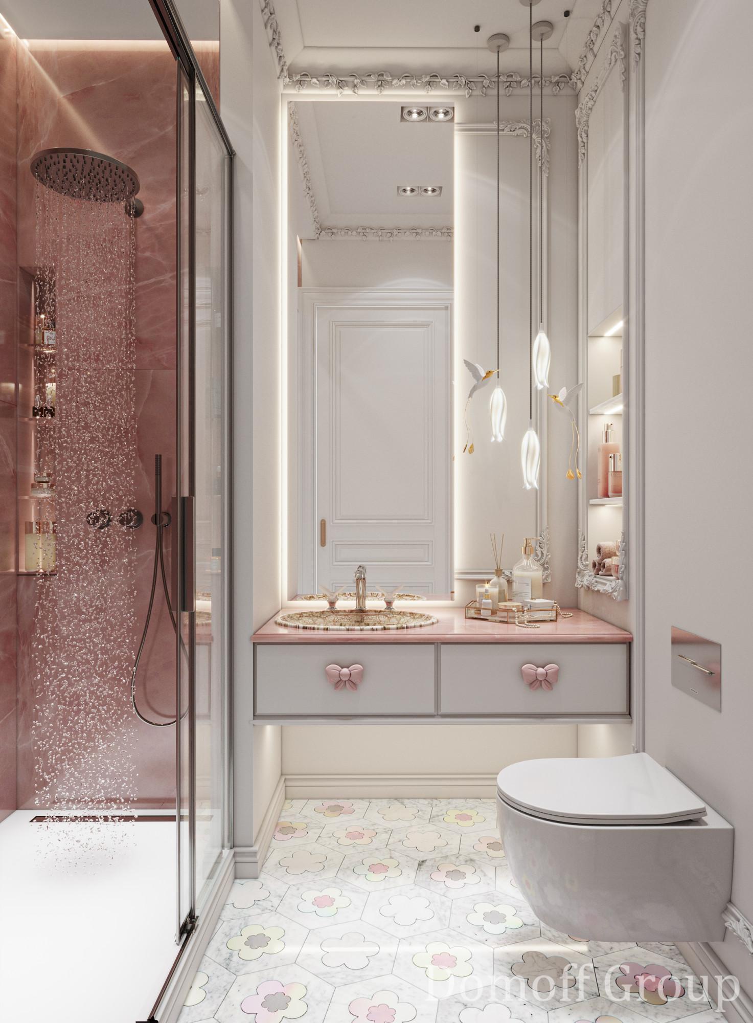 Bathroom in the girl's nursery room made in the style of Contemporary classics Neoclassicism