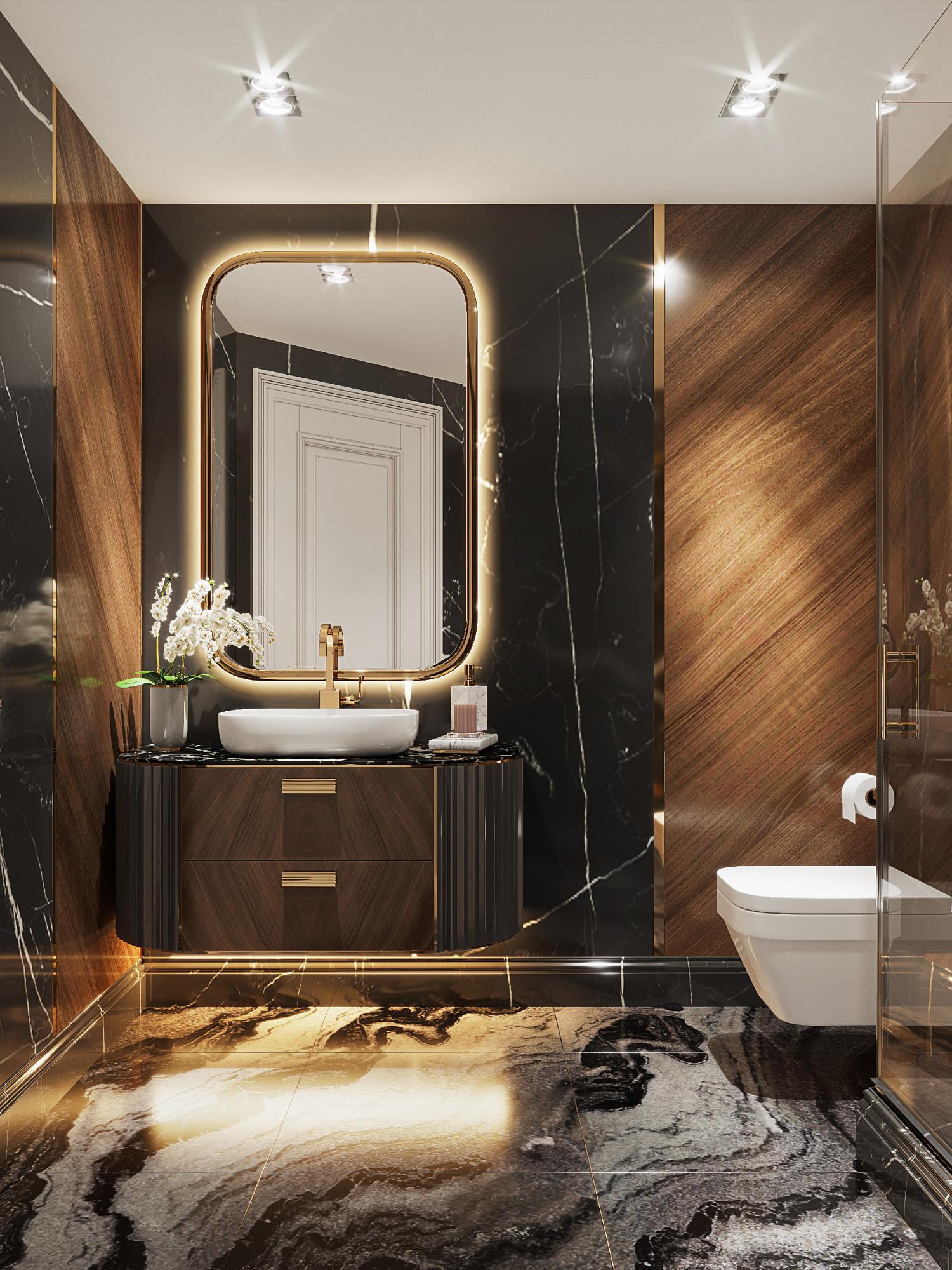 Bathroom at the sauna made in the style of Contemporary classics