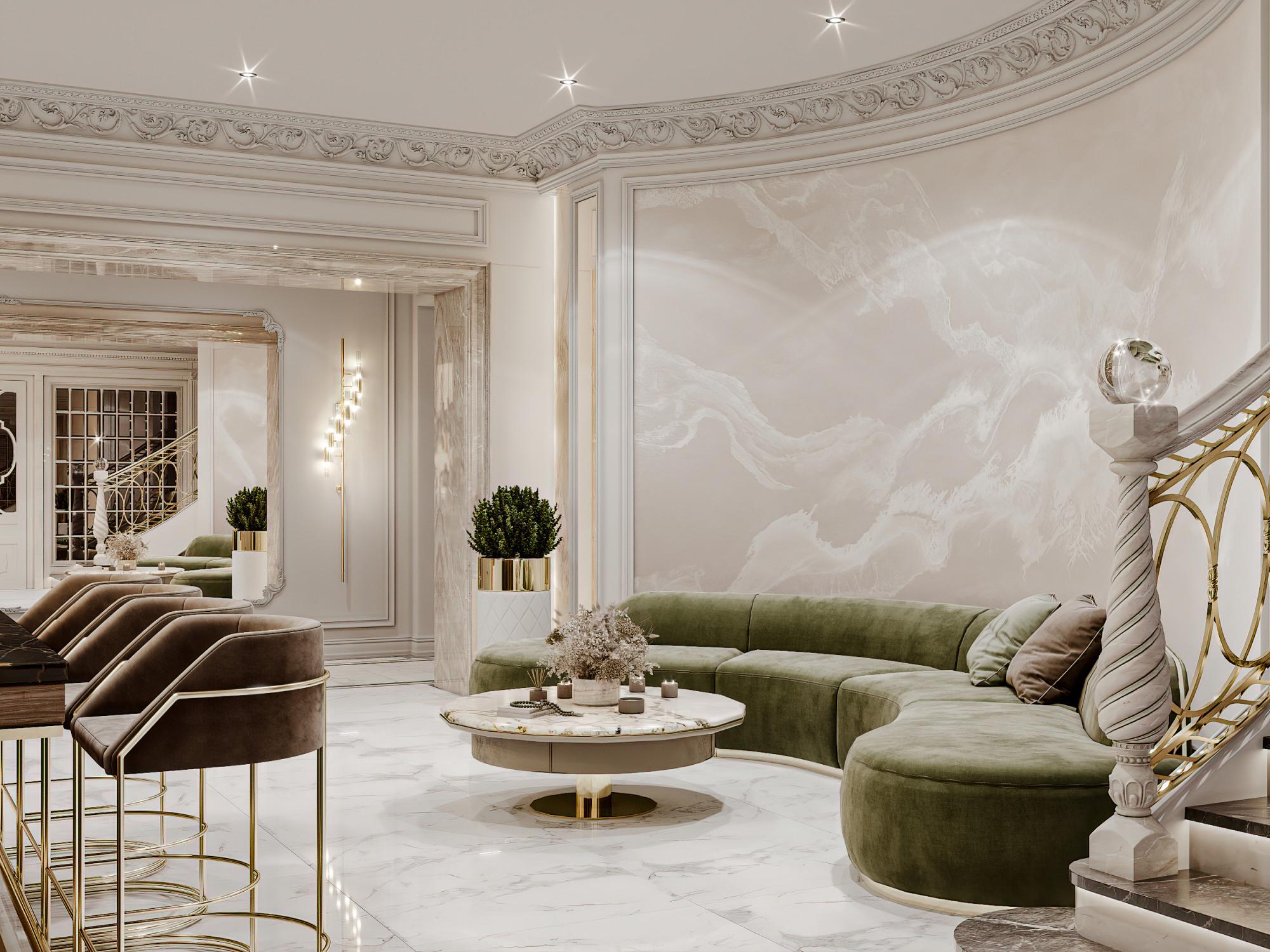 Basement stairwell hall with bar made in the style of Neoclassicism