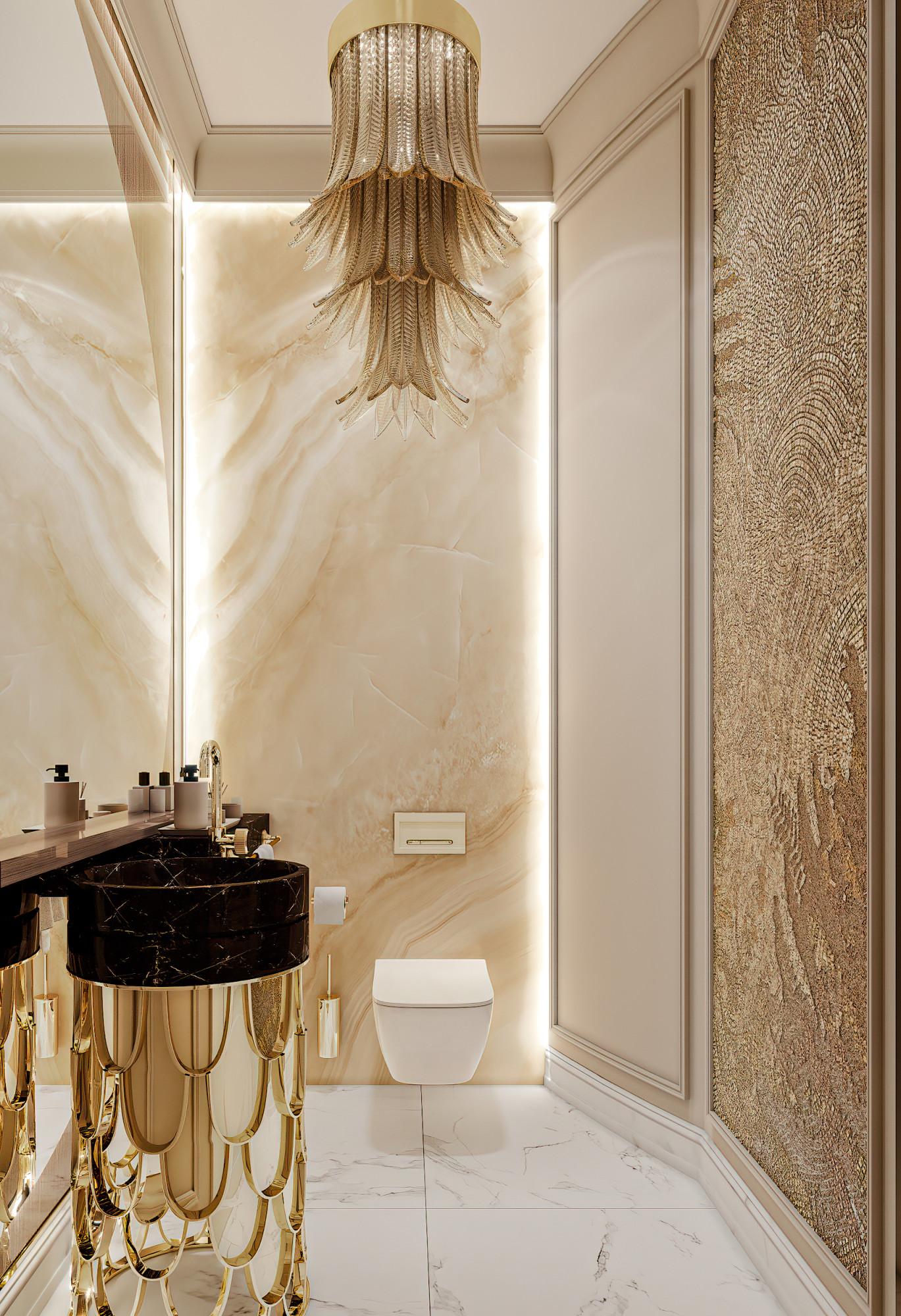 Bathroom in the basement  made in the style of Neoclassicism