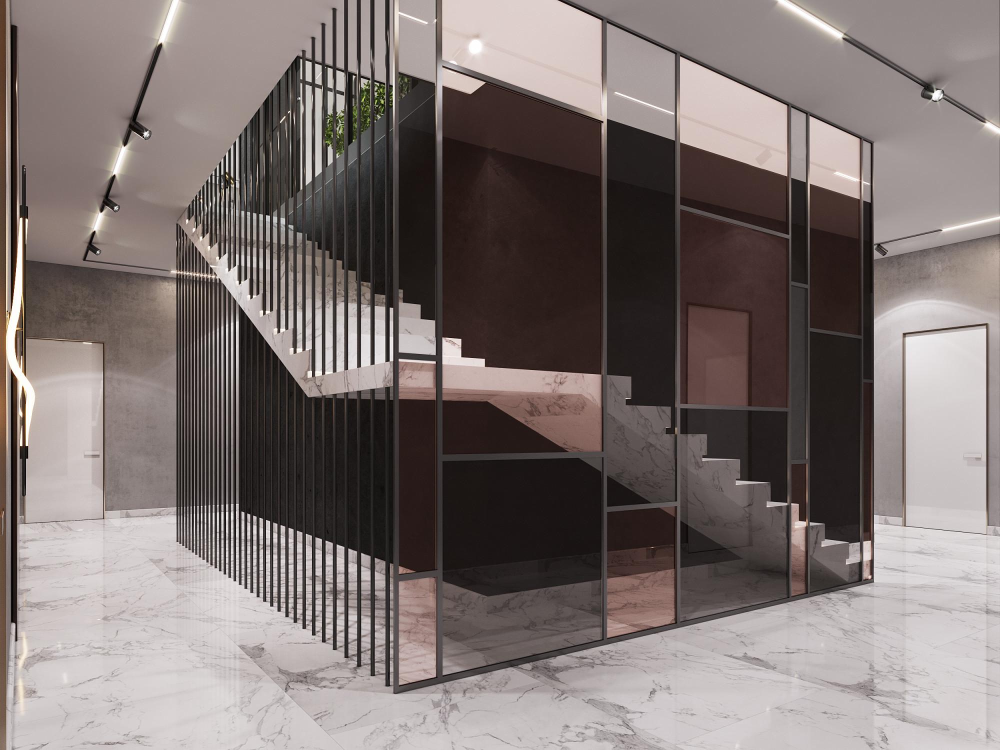 Staicase hall on the -1 floor made in the style of Modern Contemporary classics