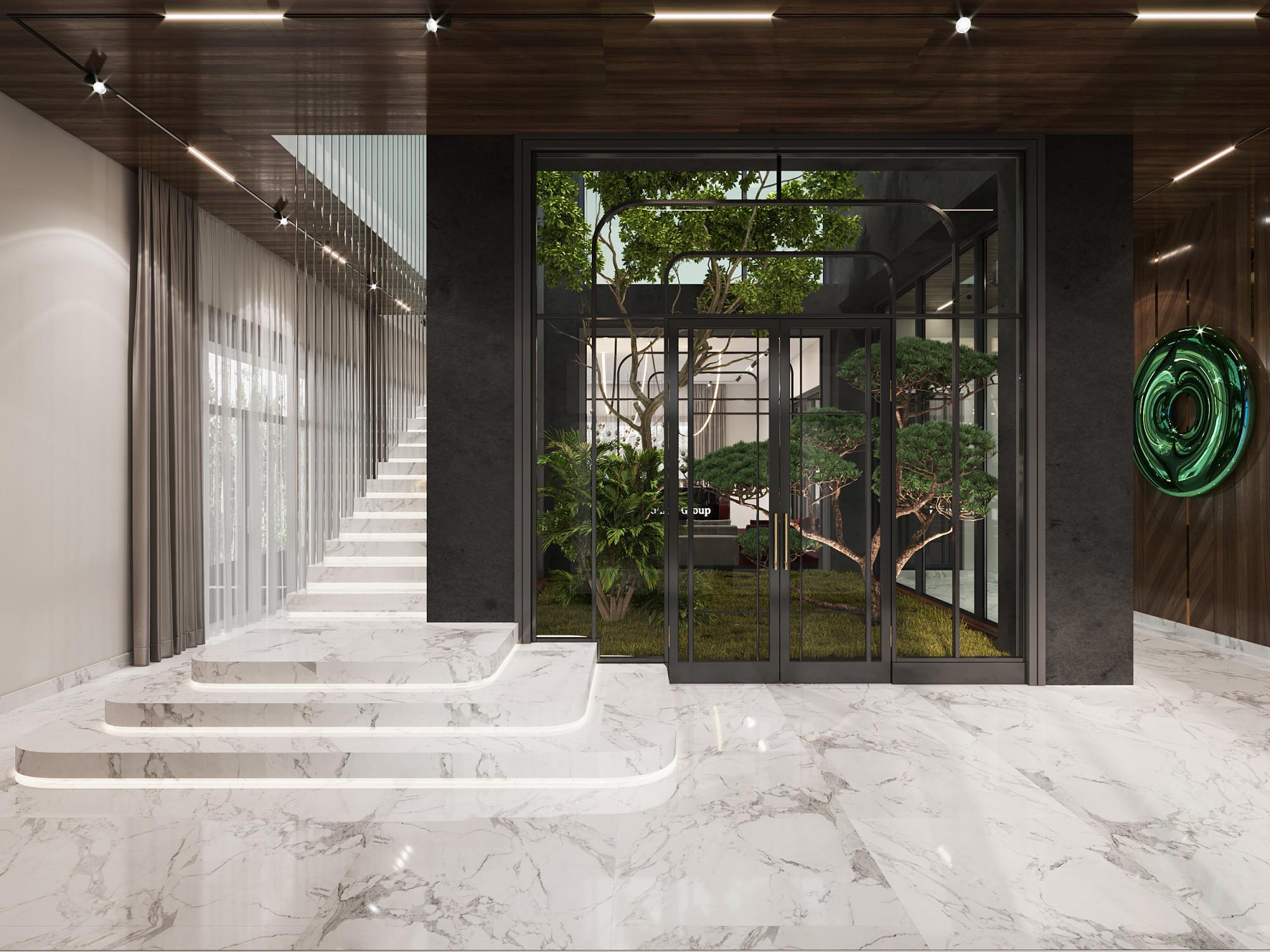 Staircase hall on the 1st floor with winter garden made in the style of Modern Contemporary