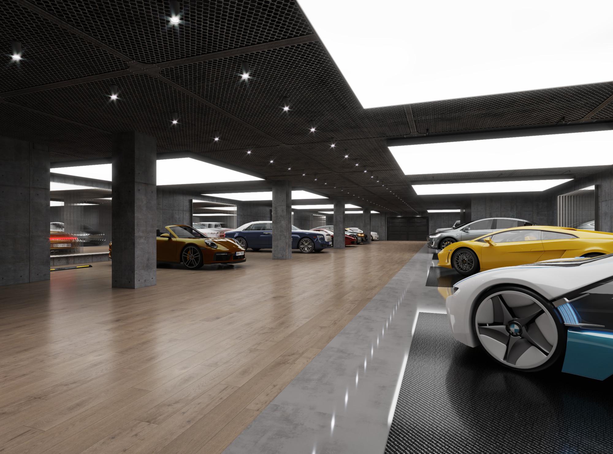 Garage with car wash made in the style of Contemporary classics