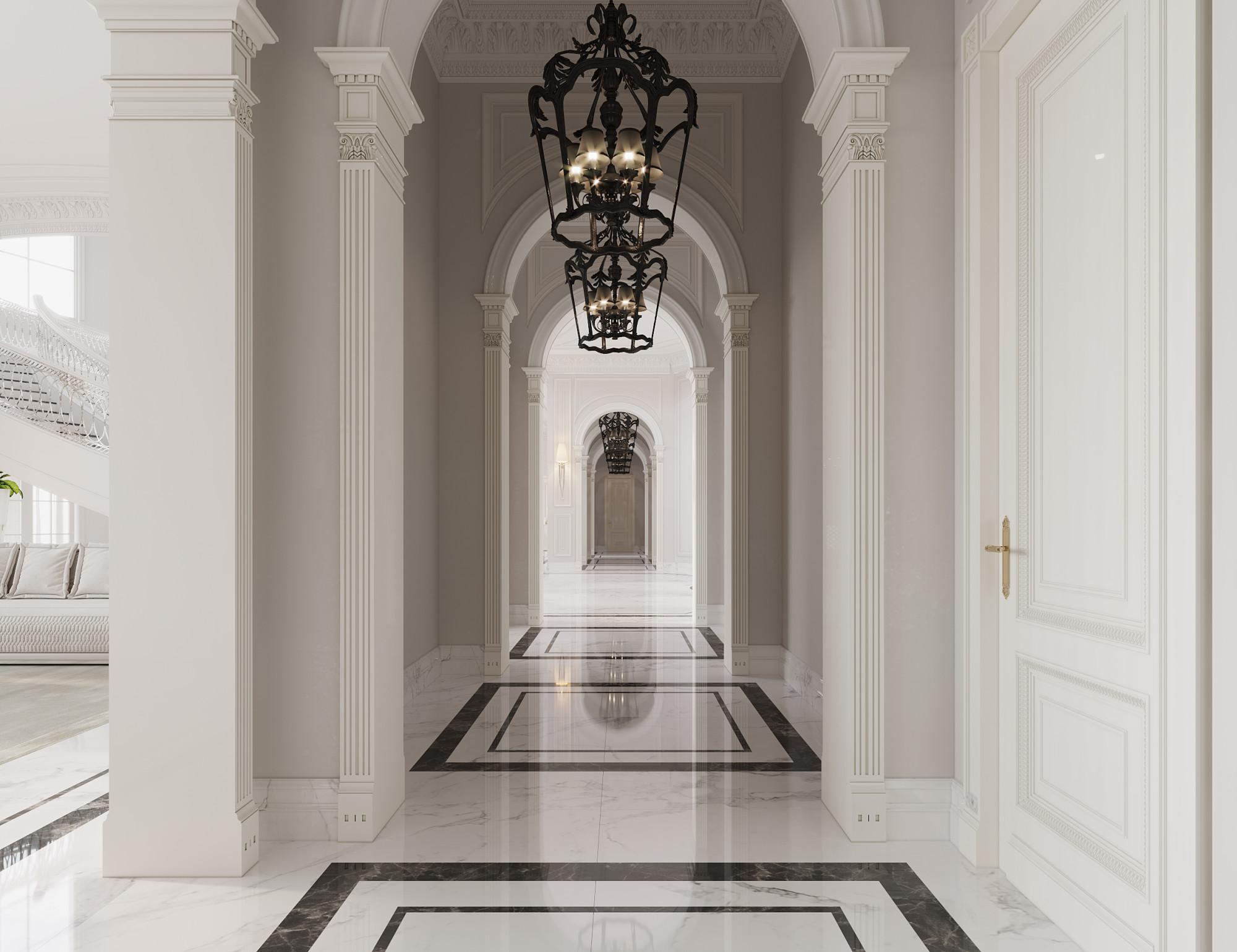 Hall to the living room made in the style of Neoclassicism