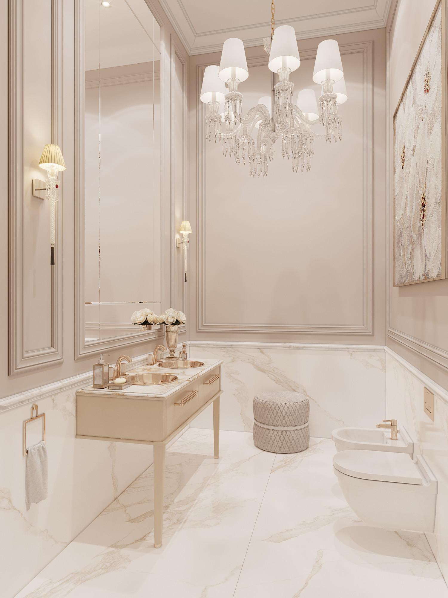 Guest bathroom №1 in the banquet hall made in the style of Contemporary classics Neoclassicism