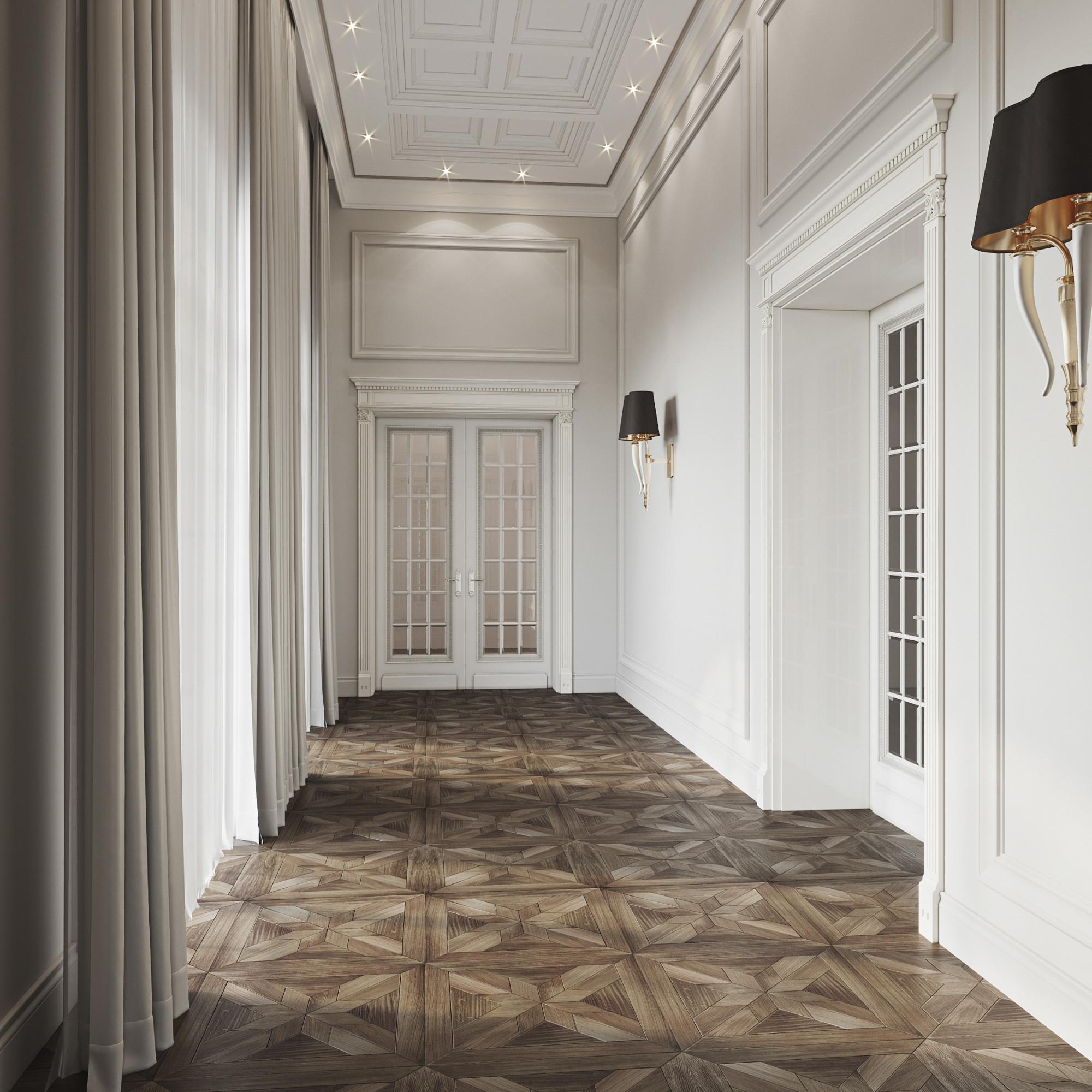 Hallway to the master's dressing rooms made in the style of Contemporary classics