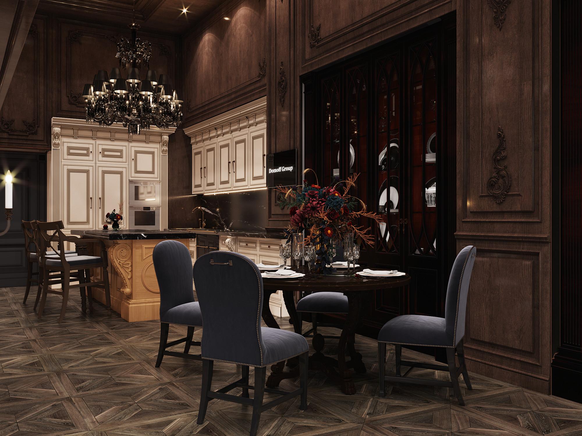 Kitchen and living room made in the style of Baroque Neoclassicism