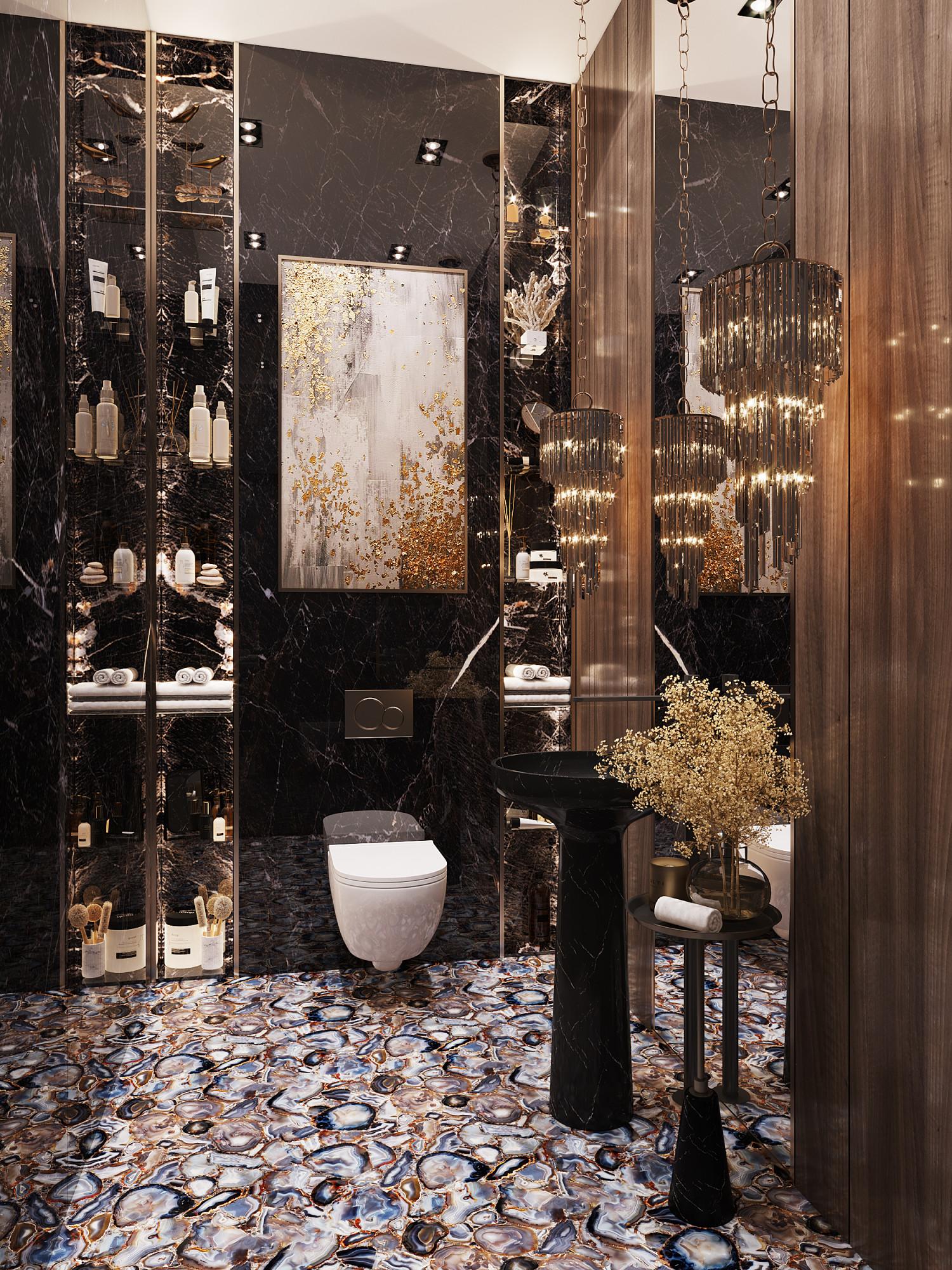 Bathroom in the swimming pool made in the style of Neoclassicism