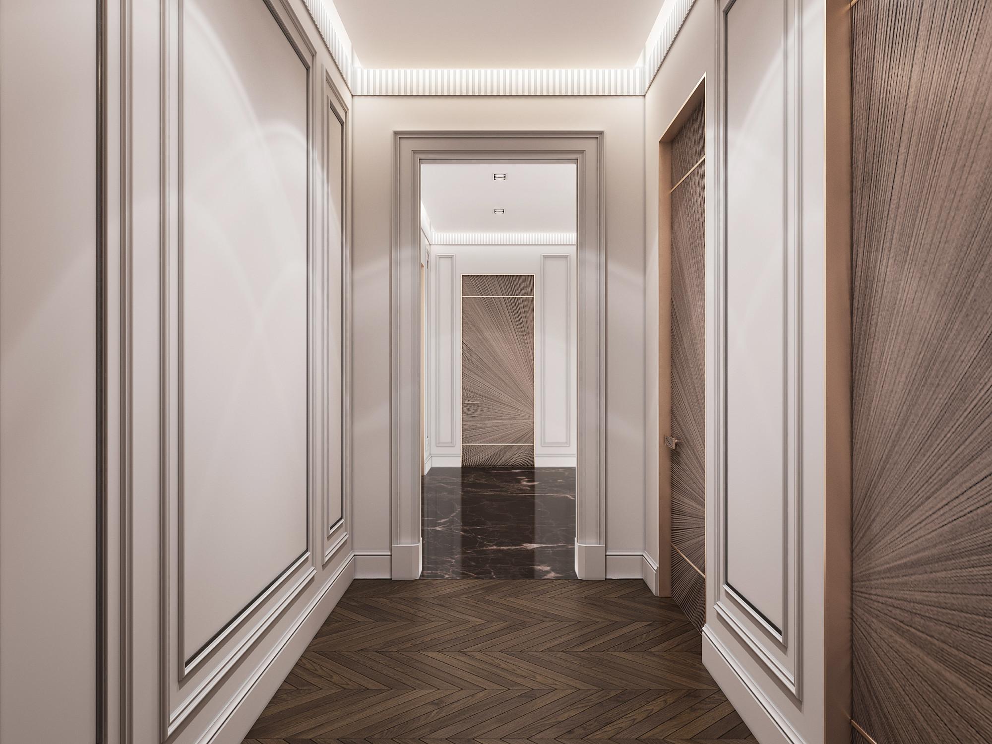 Hall to the bedrooms made in the style of Contemporary Neoclassicism
