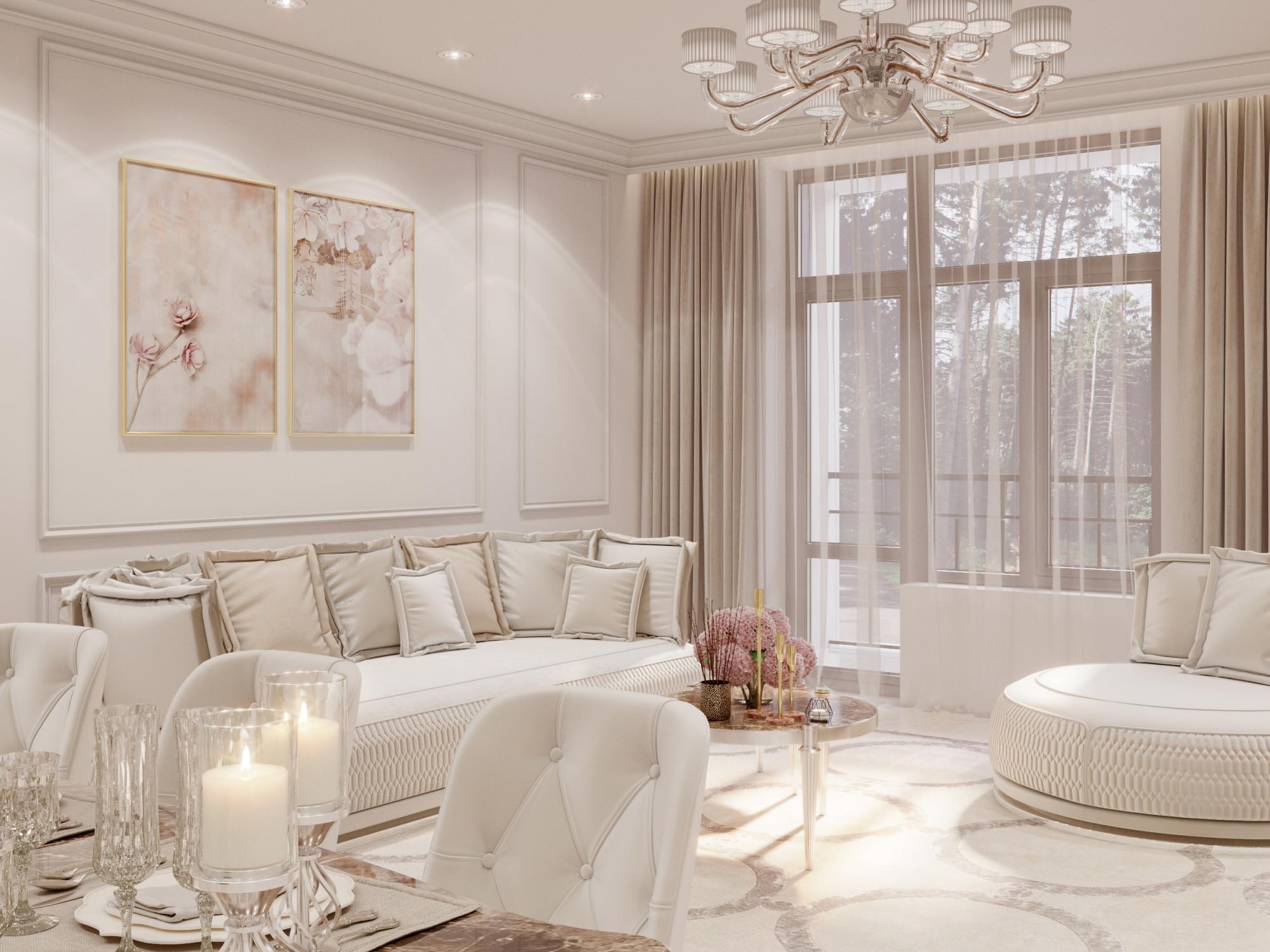 Kitchen and living room made in the style of Neoclassicism