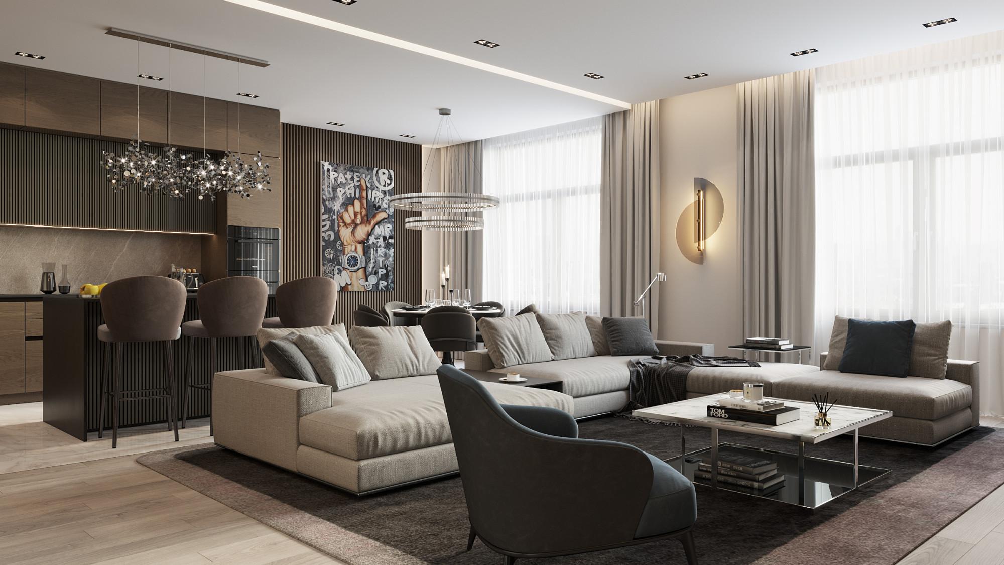 Kitchen and living room made in the style of Contemporary Minimalism Loft