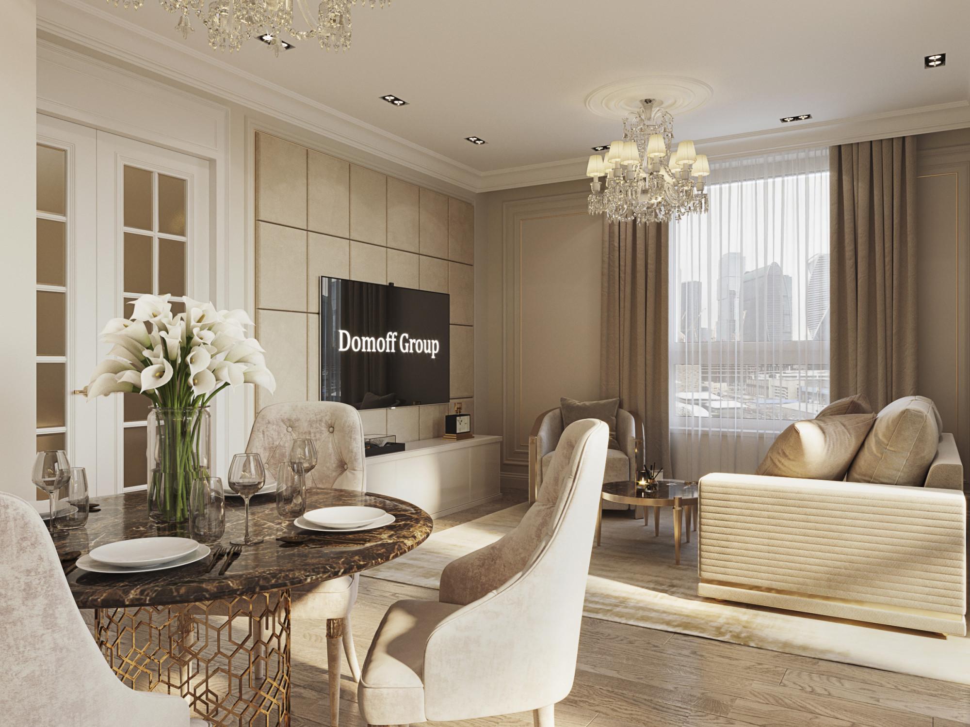 Kitchen and living room made in the style of Neoclassicism