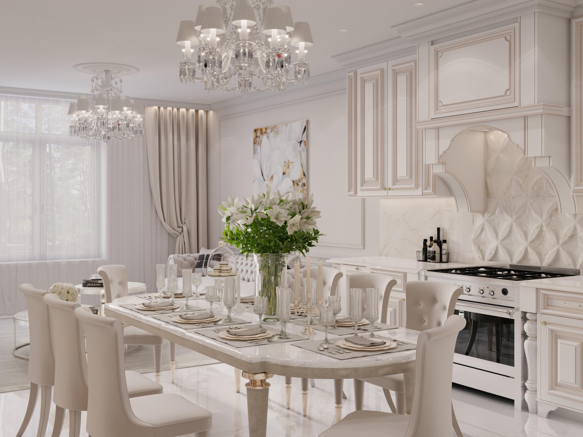 Kitchen and living room made in the style of Neoclassicism