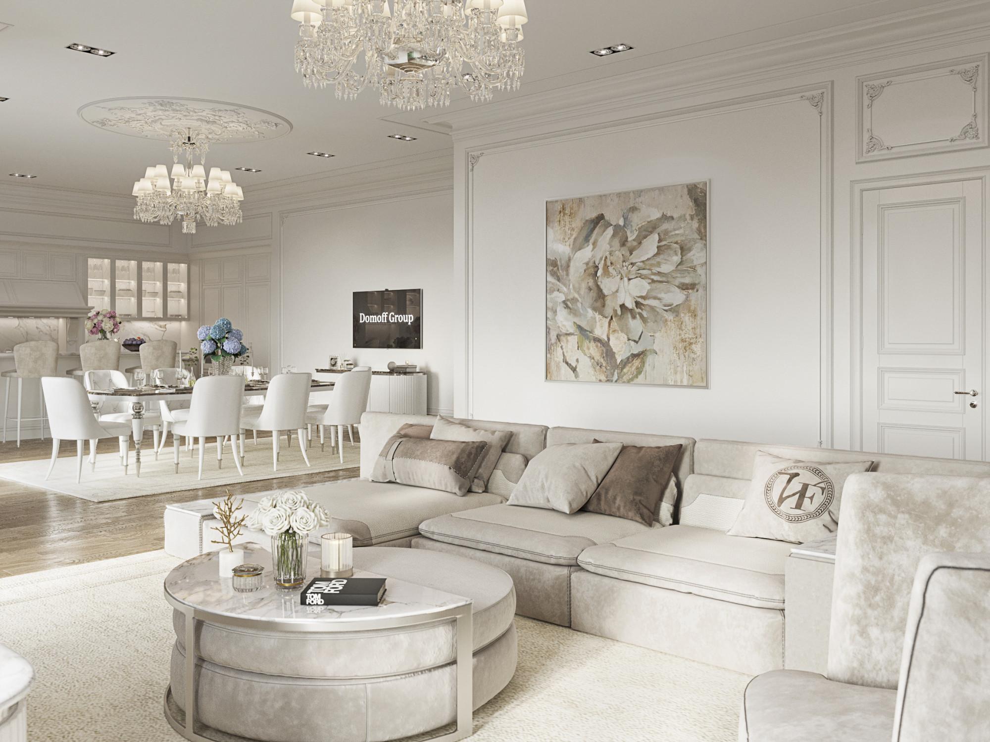 Living and dining room made in the style of Classics Neoclassicism