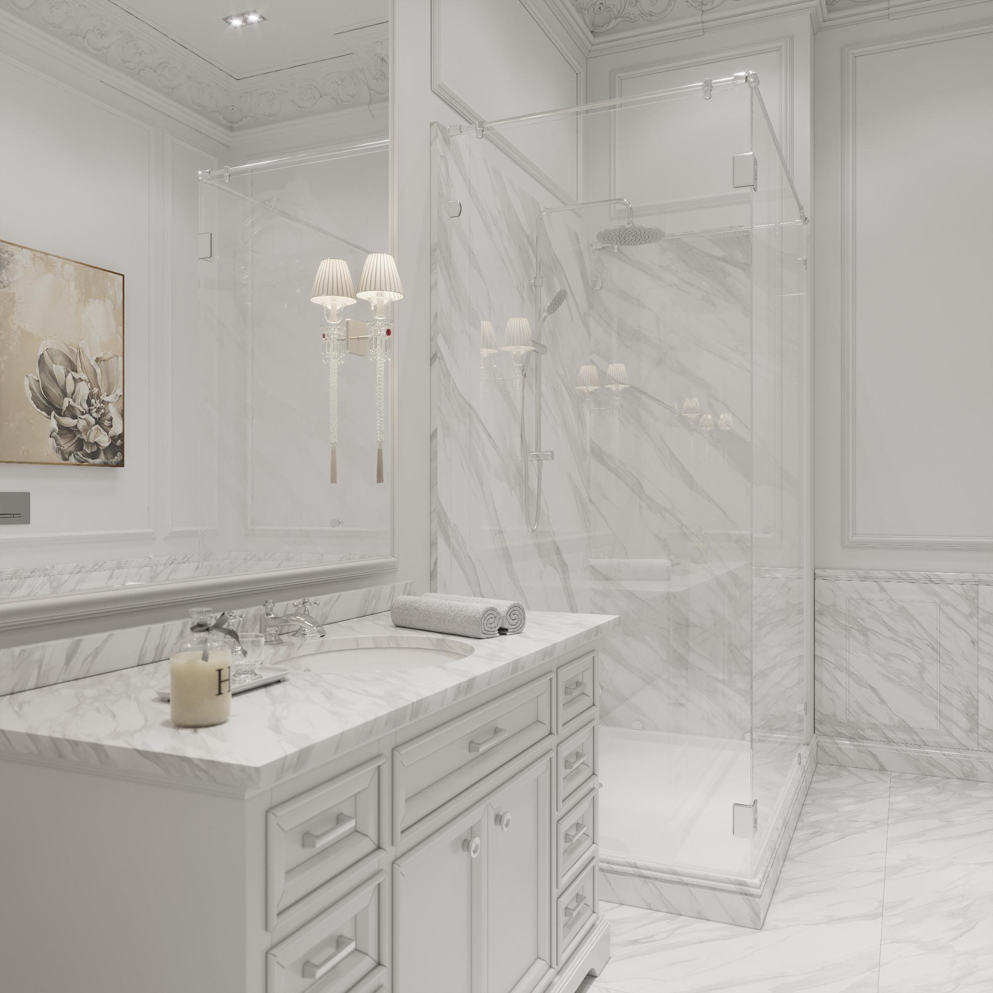 Bathroom in the guest bedroom made in the style of Classics Neoclassicism