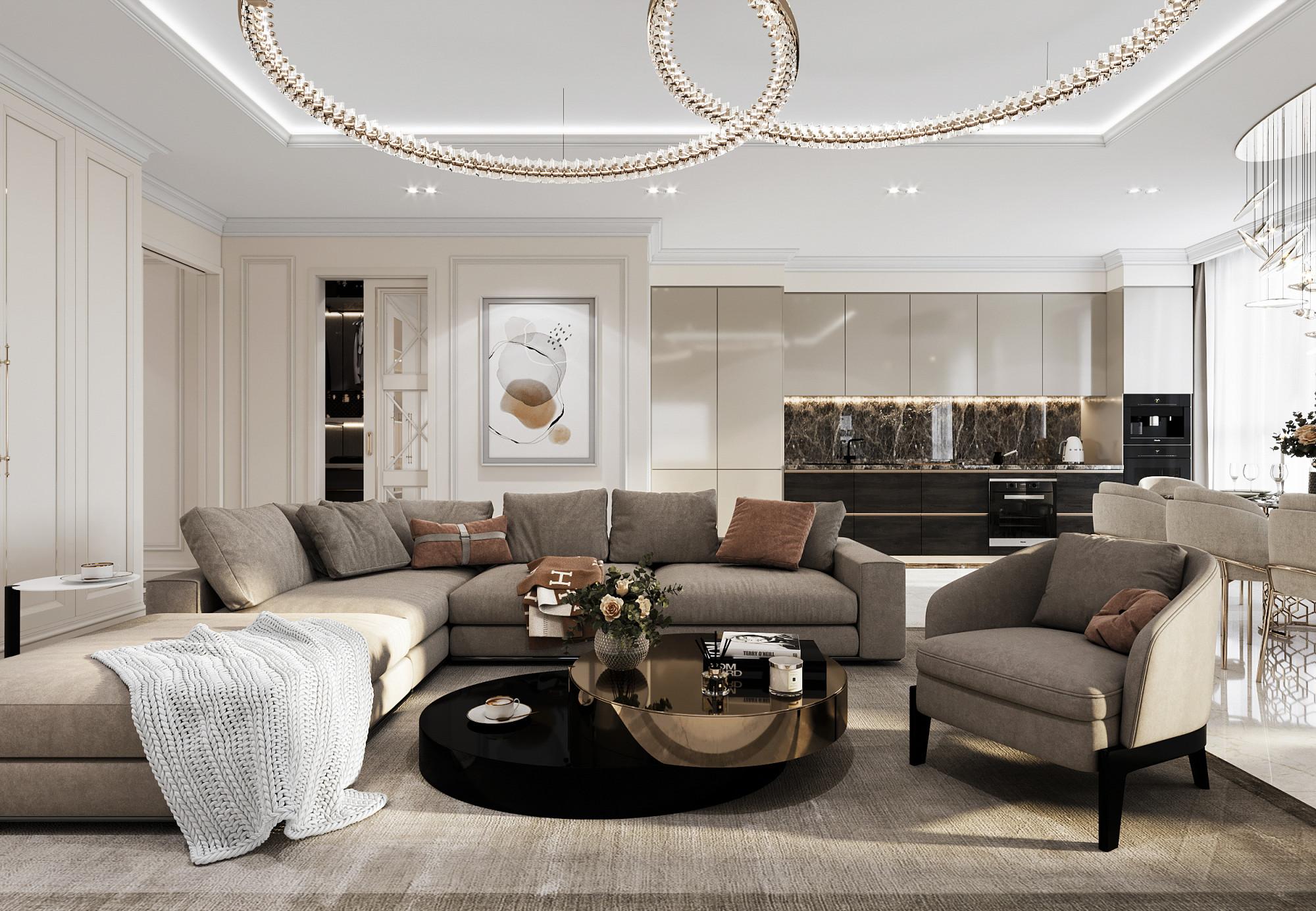 Kitchen and living room made in the style of Classics Neoclassicism