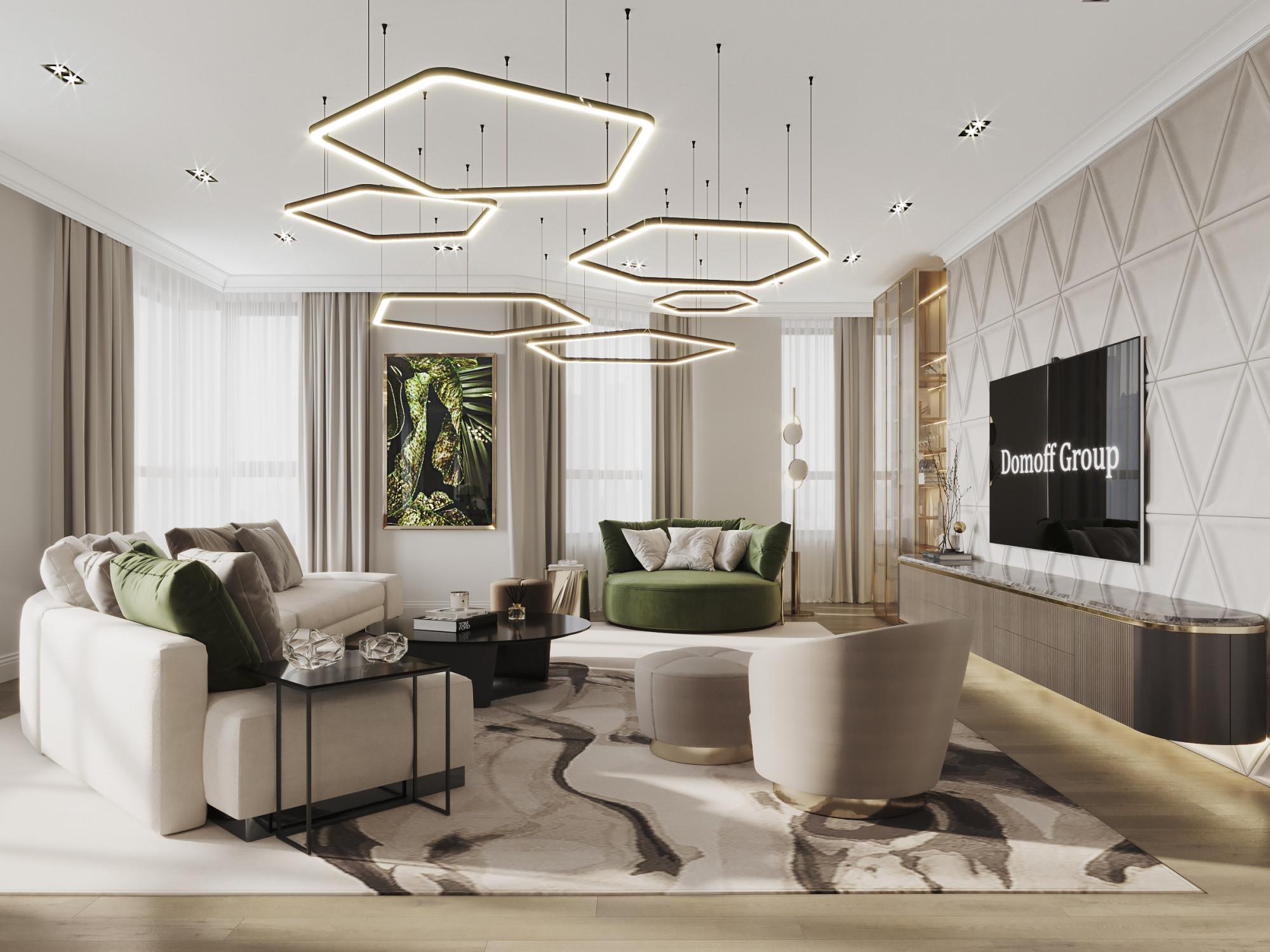 Kitchen and living room made in the style of Contemporary Neoclassicism