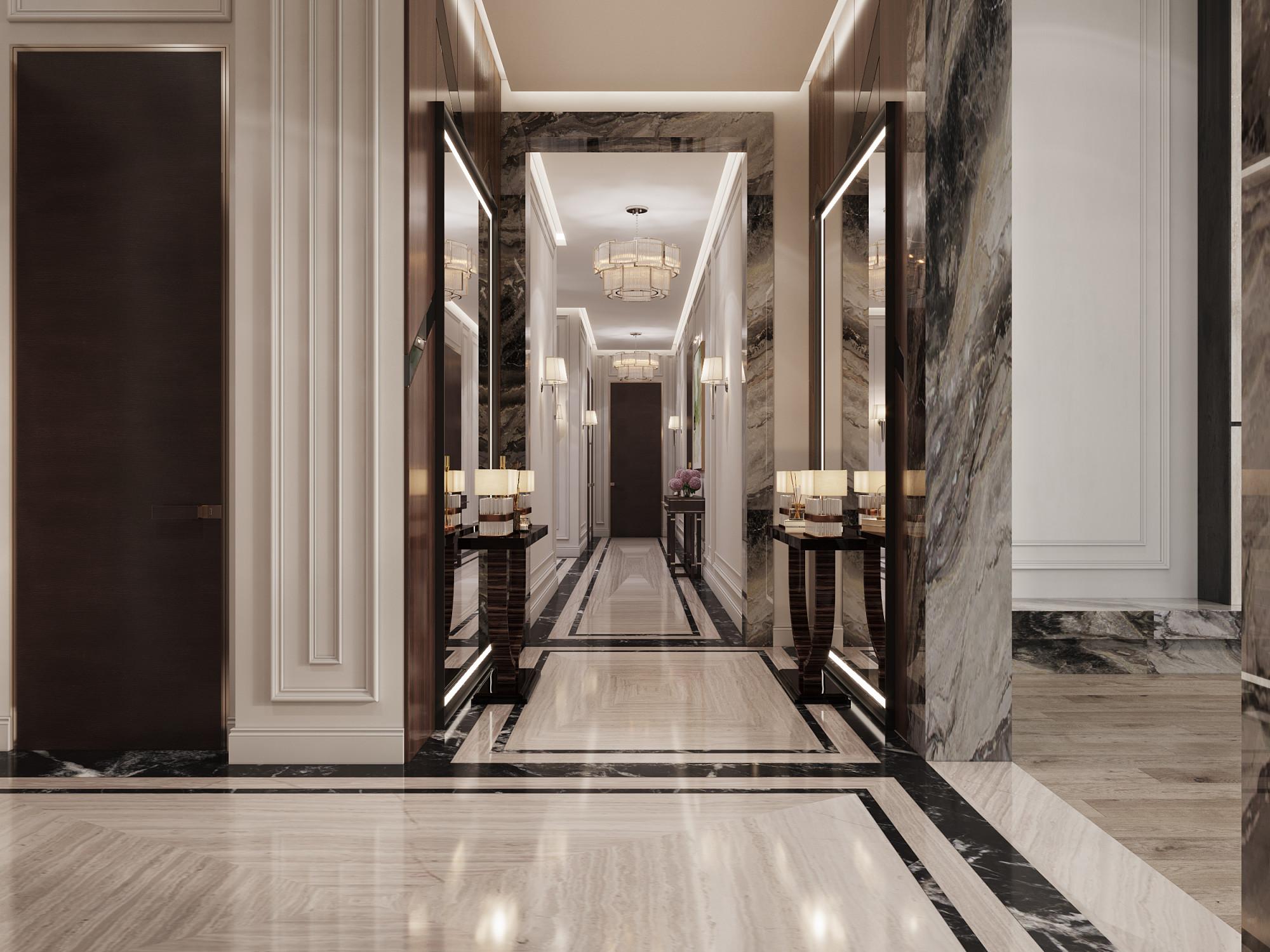 Hall to the living room made in the style of Neoclassicism